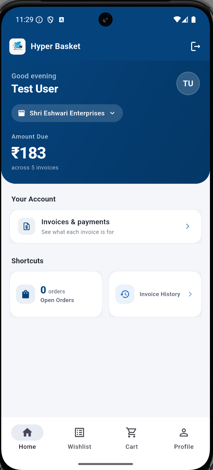 Hyperbasket Android app home screen showing a test account, amount due, invoices and payment shortcuts.