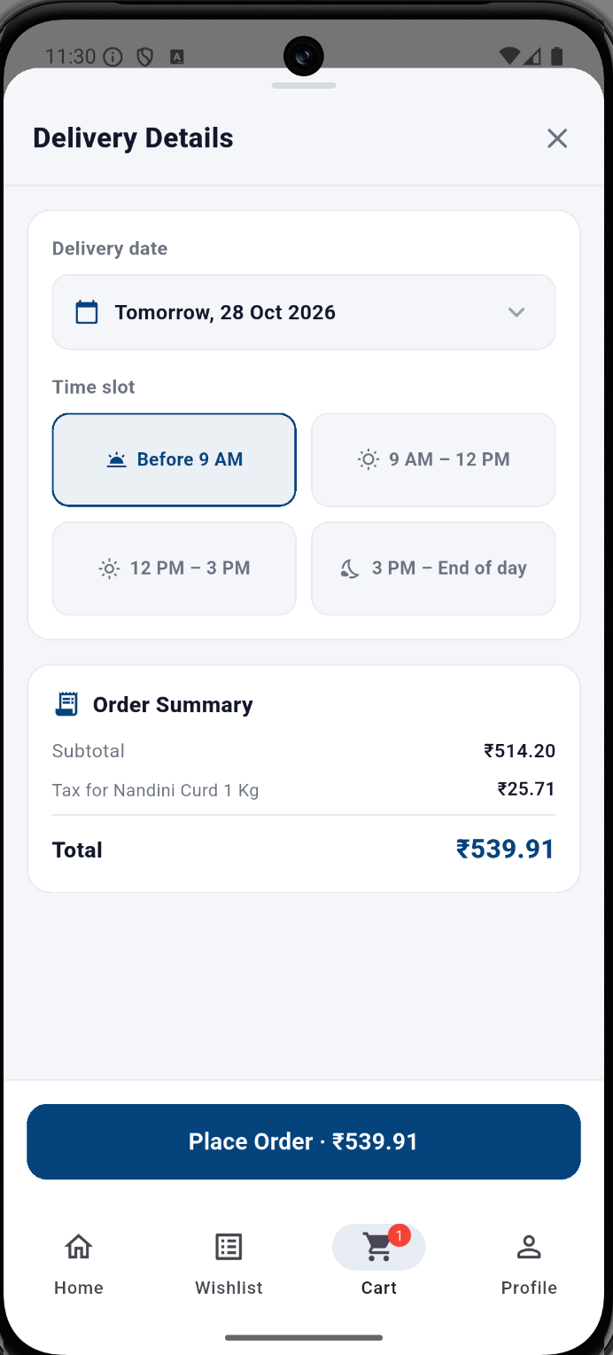 Hyperbasket Android app checkout showing delivery date, time slots, order summary and the Place Order button.
