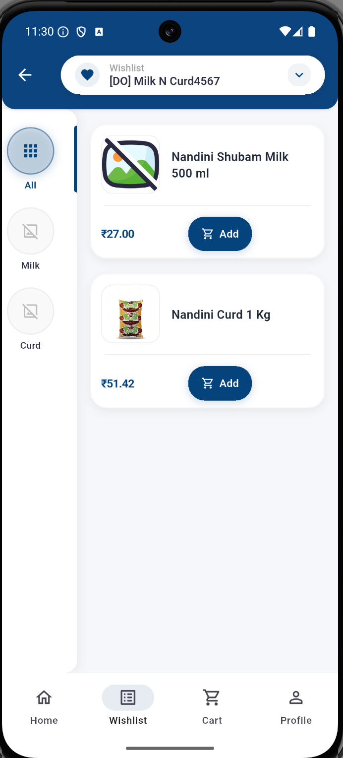 Hyperbasket Android app wishlist showing milk and curd products with prices and Add buttons.