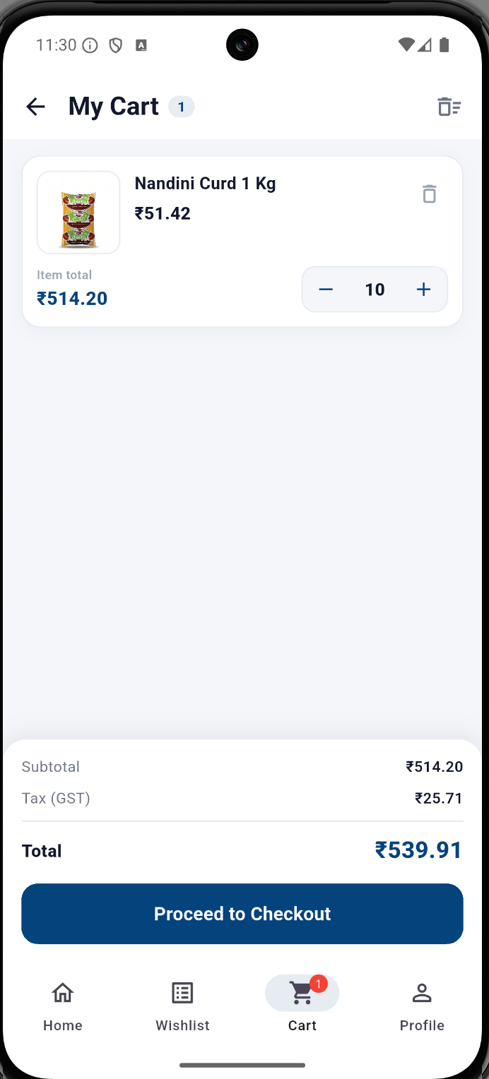 Hyperbasket Android app cart showing curd, quantity controls, subtotal, GST and the checkout button.