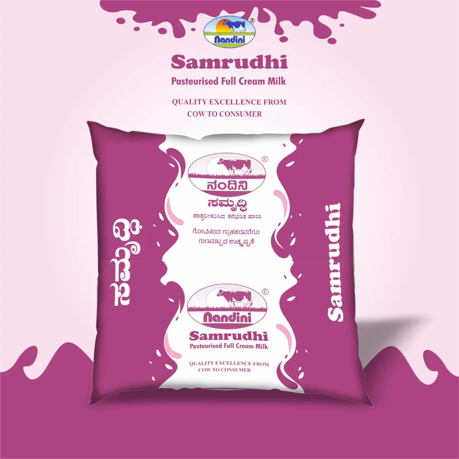 Nandini Samrudhi Pasteurized Full Cream Milk, 500 ml / 1 L