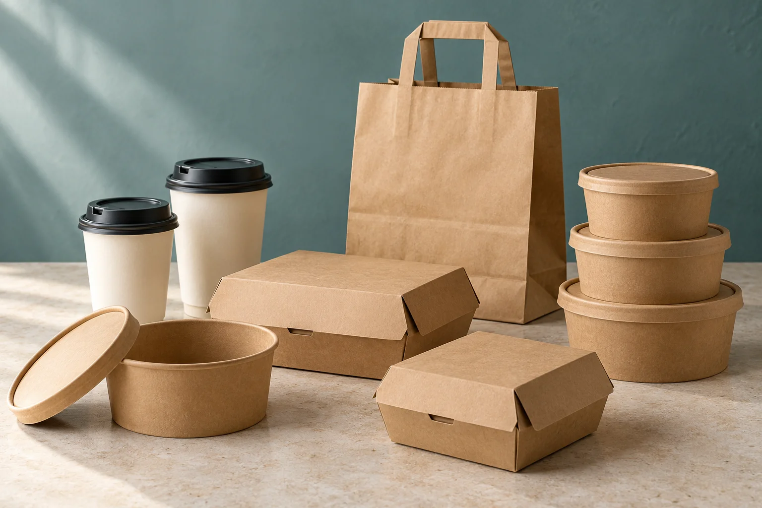Unbranded takeaway containers, cups, food bowls and a paper carry bag