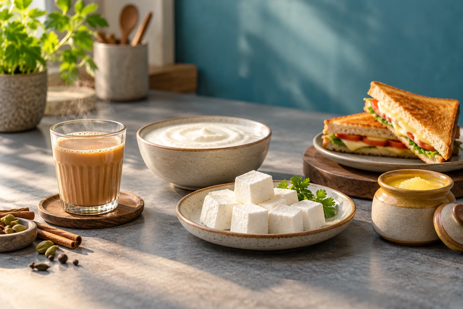 Chai, curd, paneer and a cheese sandwich on a café counter